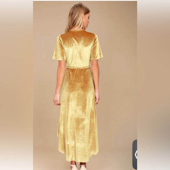 Lulus Amour Golden Yellow Velvet High-Low Wrap Dress - Picture 3 of 9